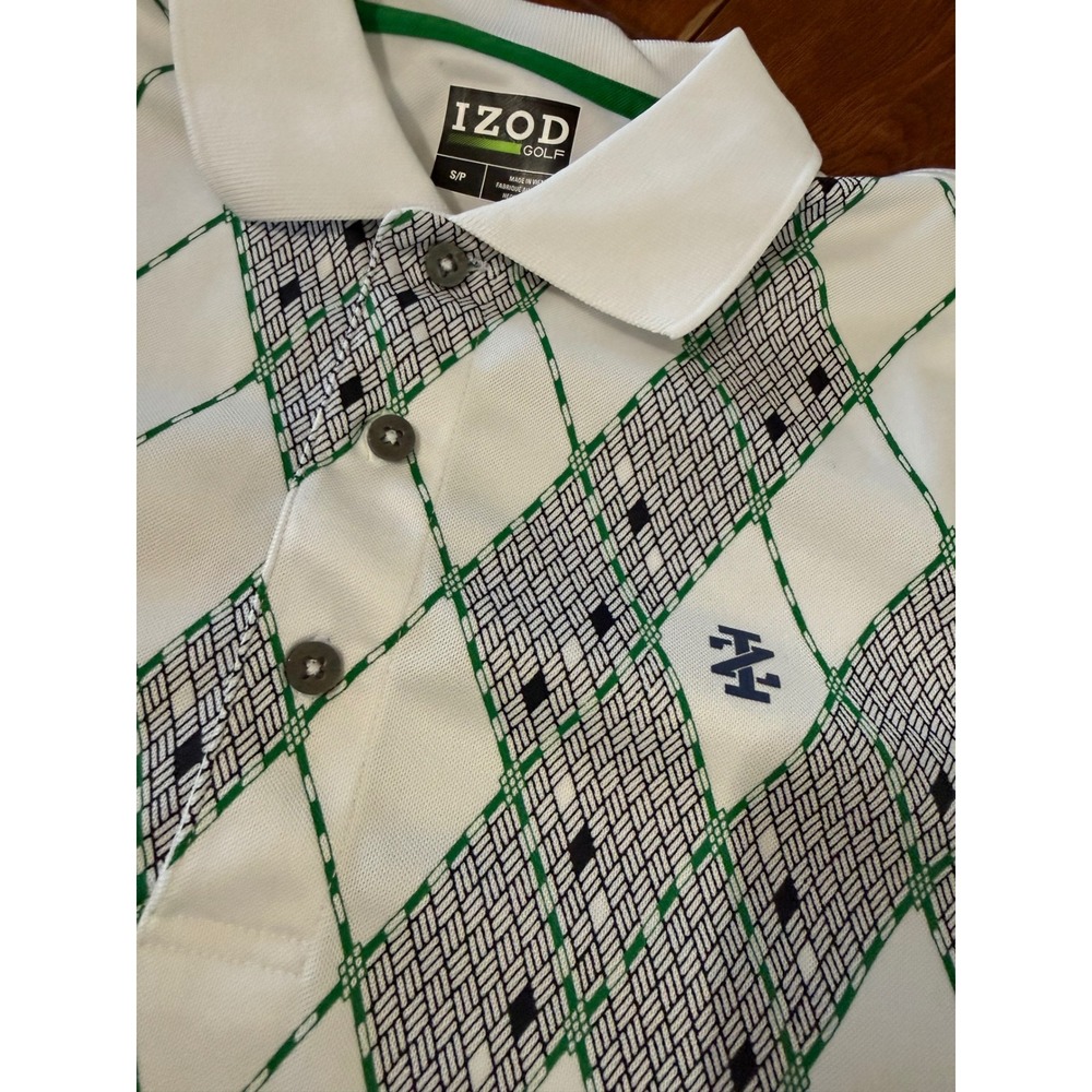IZOD Golf Mens Small White Green Argyle Geometric Performance Polo Shirt S/P